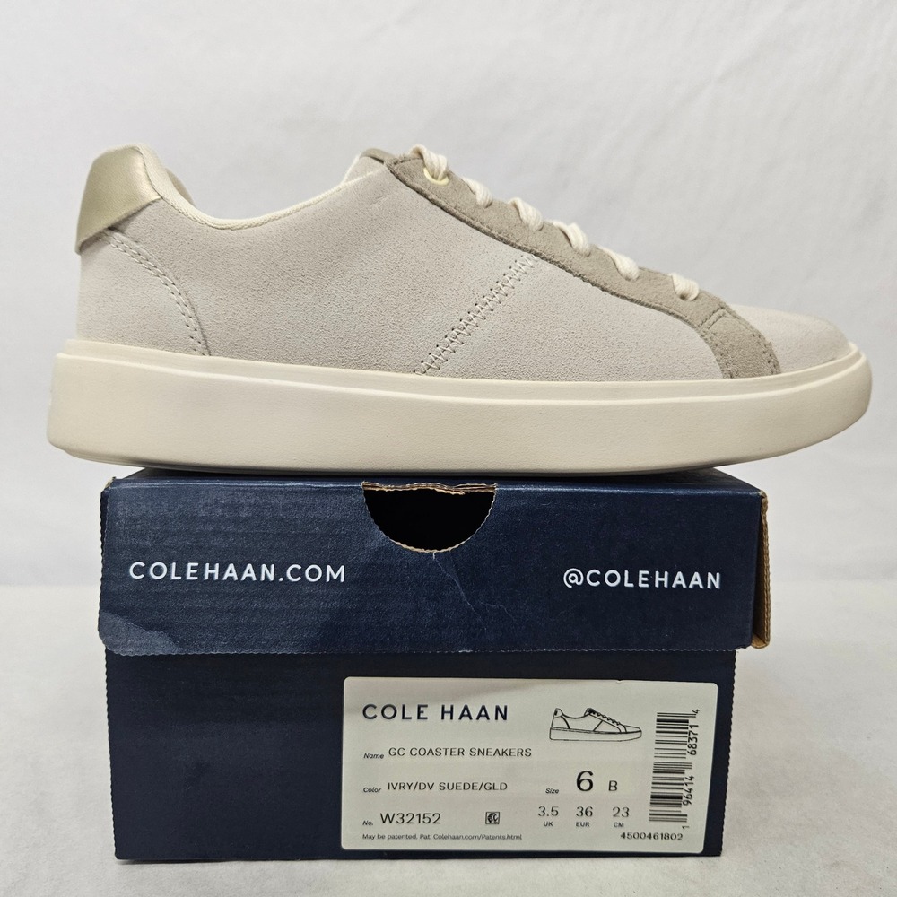 Cole Haan Grand‎ Crosscourt Coaster Sneaker W32152 Ivory Suede Gold Womens Sz 6